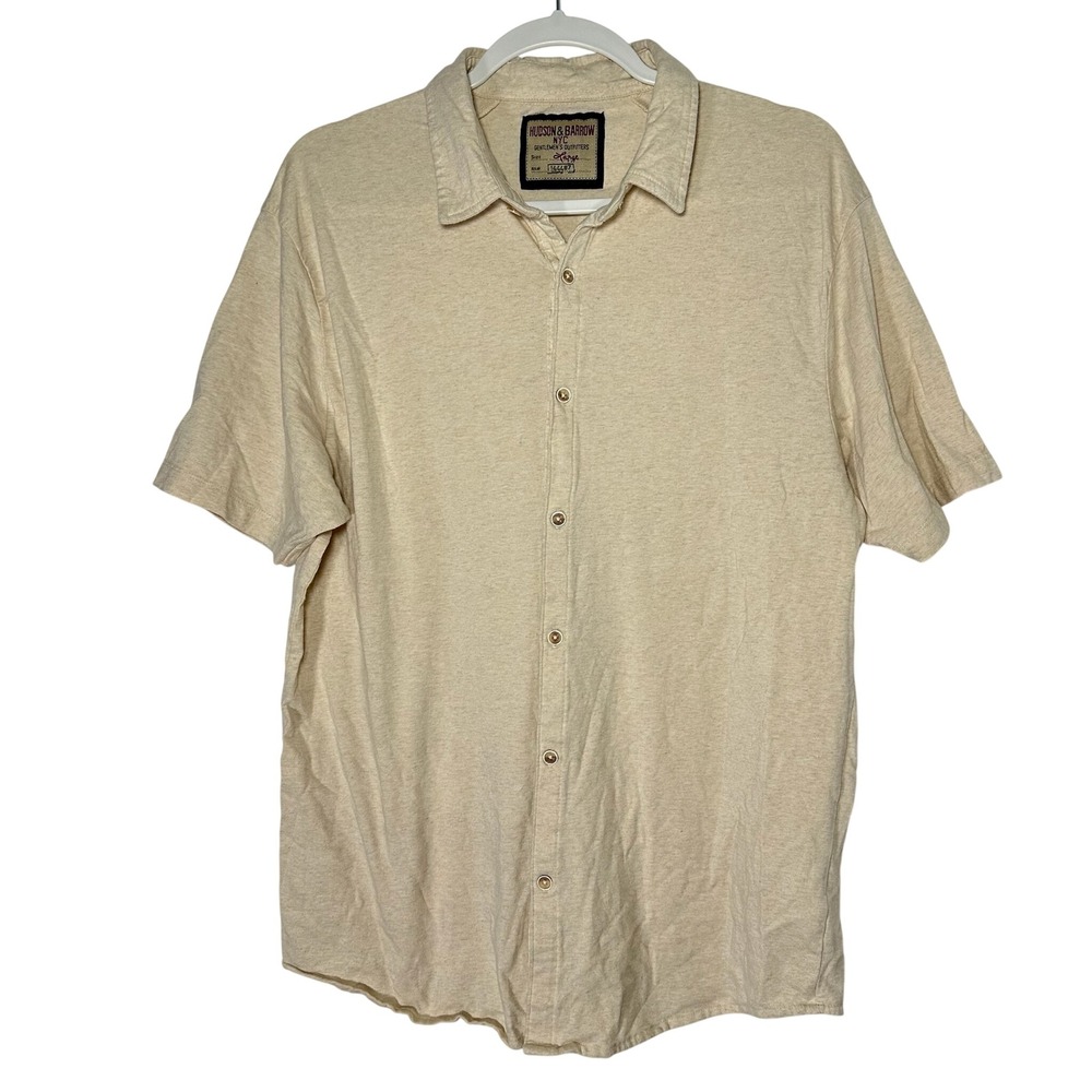 Hudson & Barrow‎ Mens Short Sleeve Button Down Shirt Cream Beige Large Heathered